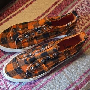 Corkys Orange and Black Plaid Frayed Slip-On Sneakers